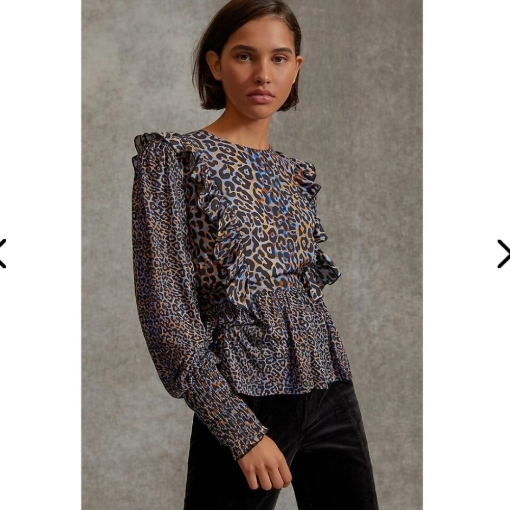 BL^NK LONDON LEOPARD PRINT MOIRA RUFFLED PEPLUM TOP SZ XL